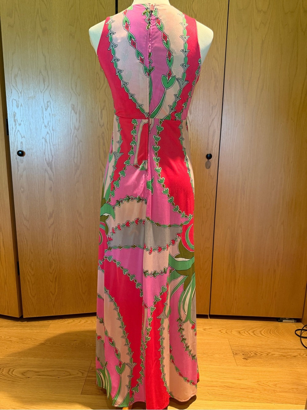 Vintage Saks Fifth Avenue 1970s Pink Green Halter Maxi Dress Sz 8 - Picture 9 of 13